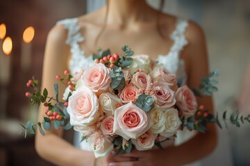 close up peony rose pink pastel  flower wedding posy bouquet holding by gorgeous bride in pretty gown , wedding ceremony theme concept, Generative Ai