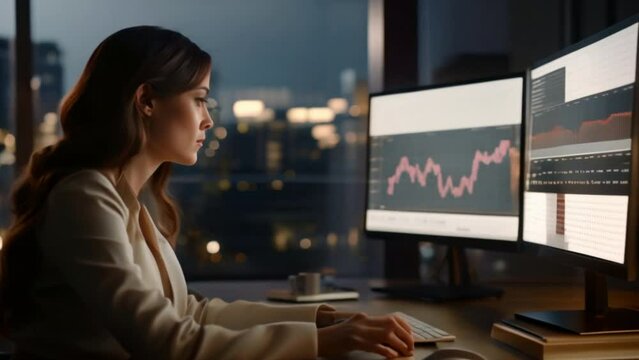Businesswoman at desk using laptop to communicate and work on online stock market