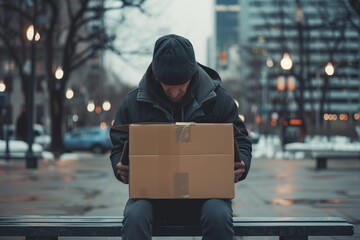 Person holding a cardboard box on bench