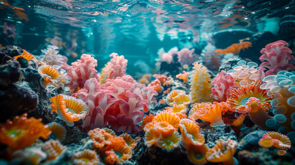 Naklejka na ściany i meble Animal Habitat: Colorful coral reefs underwater