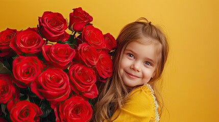 Studio shot of a child girl holding a big bouquet of red roses on a vibrant yellow background, radiating innocence and joy. Perfect for greeting card designs and floral gifts.
