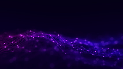 Dynamic color wave of particles and lines. Abstract futuristic background. Big data visualization. 3D rendering.