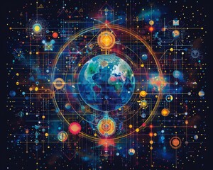 Obraz premium Geometric representation where science dismantles boundaries, advocating peace, intricately connected to the global business and economic framework