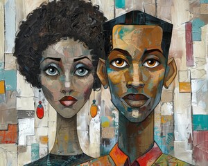 A modern abstract painting captures the intrigue of a biracial African American couple, enhancing the artistic aura of their home