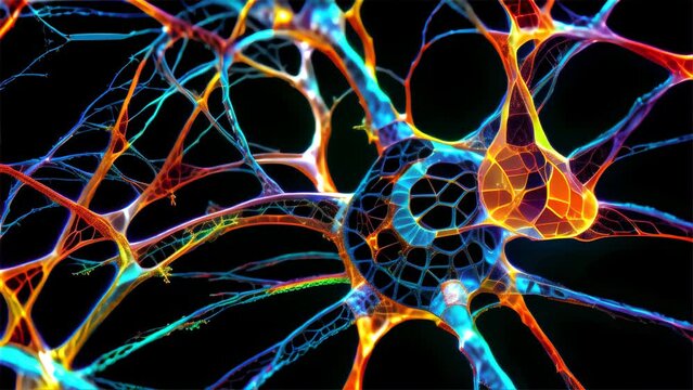 Vividly colored neuronal networks illustrated with a neon glow, representing neural activity and brain connectivity in vivid detail.