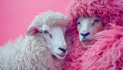Two sheep against a pink background, one with natural wool and the other wearing a fluffy pink wig,...