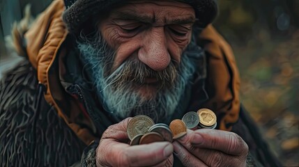 Closeup of a homeless man holding coins outdoors, evoking empathy and highlighting the harsh realities of poverty and social inequality. Ideal for charity campaigns and social advocacy.