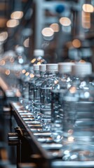 cristal water bottles on a conveyor belt in a food production line at a factory 
