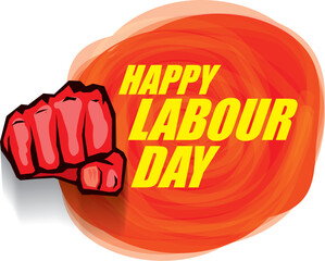 1 may Happy labour day vector label with strong protest fist in the air on vintage red watercolor stricket background. vector happy labor day background or banner with man hand. workers may day poster