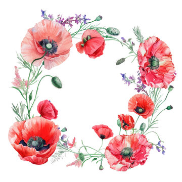 Artistic painting featuring a wreath of red poppies on a transparent background