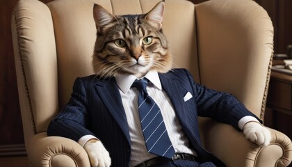 A whimsical portrayal of a cat dressed in a business suit sitting confidently in an armchair.