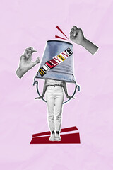 Vertical creative collage picture headless bucket young girl victim suffer bullying hand fist knock...