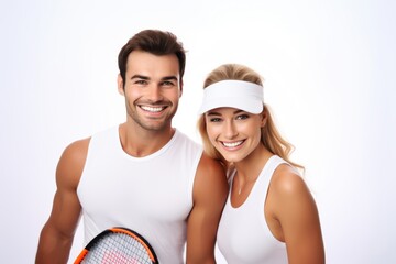 Happy tennis couple, smiling athletes portrait, sports healthcare concept, joyful players image, active lifestyle photo, sports couple, tennis love, generative AI, JPG