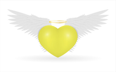 Yellow heart with angel wings and halo on a white background. Vector illustration.