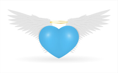 Blue heart with angel wings and a halo on a white background. Vector illustration.