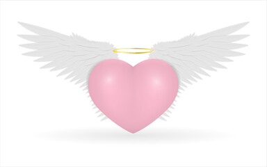 Pink heart with angel wings and a halo on a white background. Vector illustration.