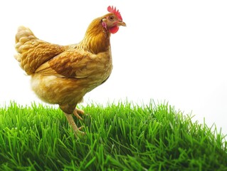 Hen standing on lush green field. Banner with copy space.
