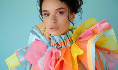 Beautiful woman in a colorful pastel spring outfit