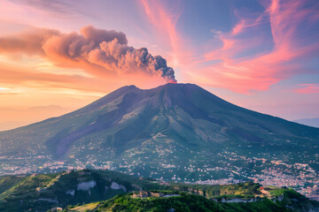 Sunset Scene of Active Mount Vesuvius in Naples, Italy