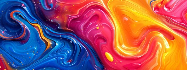 Abstract colorful background with swirling liquid paint and vibrant colors. waves of bright hues, creating an energetic atmosphere. Abstract art with fluid shapes, creating a lively visual experience.