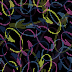 Raster seamless pattern of colorful bright neon arrows with different directions isolated on black background.