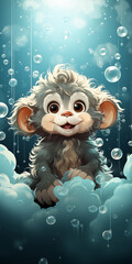 Illustration of baby monkey in a bathtub with soap bubbles. Concept of hygiene and cleanliness for children - 780807969