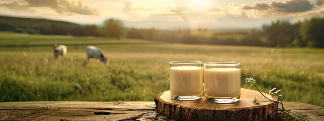 A serene scene with two full glasses of milk on a rustic wooden table against a sunrise over a pastoral field with cows. - obrazy, fototapety, plakaty