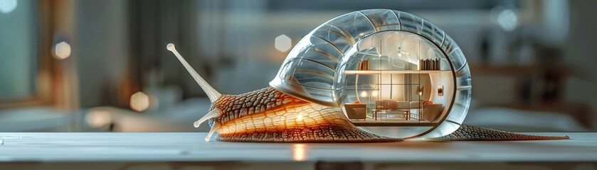 Surreal depiction of a seethrough snail whose body houses an intricate layout of a homes interior, captured through the lens of documentary and magazine photography, Realistic