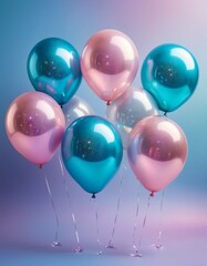 A vibrant cluster of glossy teal and pink balloons, capturing the festive spirit against a soft pastel backdrop.