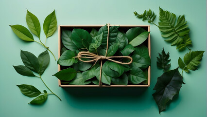 green gift box with leaves and ribbon