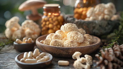 Mushroom supplement capsules and fresh mushrooms. Immune prevention care - obrazy, fototapety, plakaty