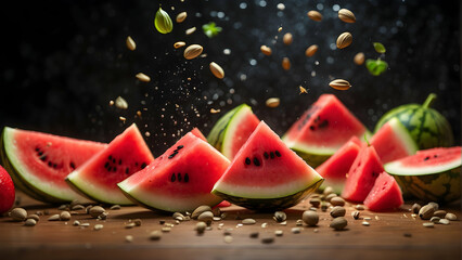 Vibrant watermelon slices with juicy red flesh and black seeds paired with flying almonds and seeds against a dark backdrop - Powered by Adobe