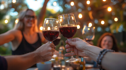 Happy friends toasting glasses of red wine at summer party - 780808759