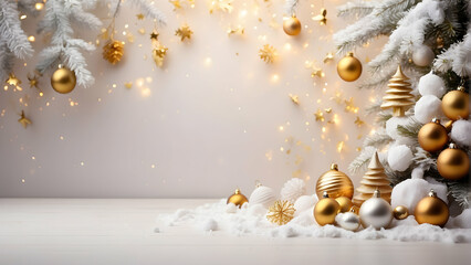 A festive Christmas composition with a snowy white tree adorned with golden baubles, sparkling lights, and soft snow at the base