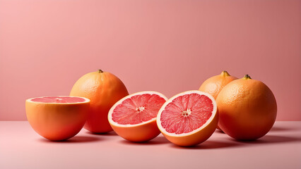Whole and cut citrus fruits displayed creating a fresh and vibrant setting on a harmonious pink background