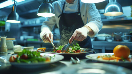 Chef preparing gourmet dish in a high-end restaurant kitchen. fresh organic luxury whole food...