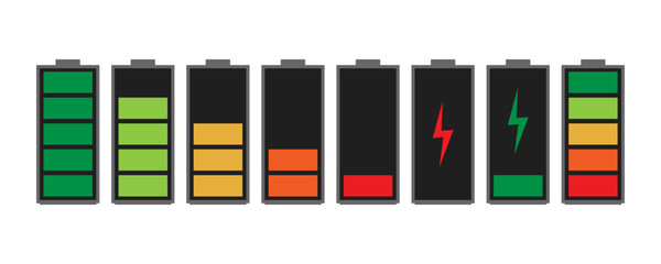 Batteries with different charge levels. Electric power accumulators set. Discharged and fully charged various level energy alkaline batteries set, vector illustration isolated on background.