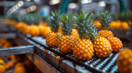 Automated Robotic line for sorting and packaging fresh pineapples. Industrial food production plant indoors - 780808973