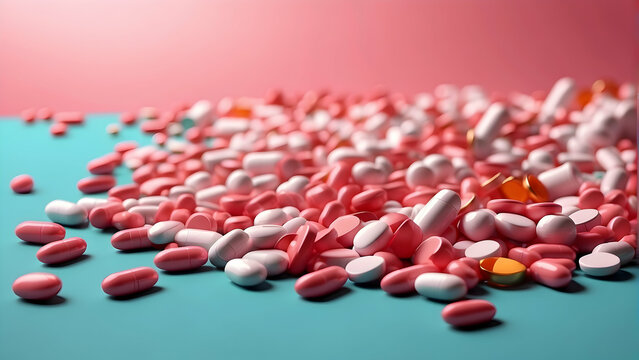 A striking image with a variety of medical pills, capsules, and supplements scattered across a pink and blue gradient background