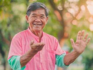 Senior Asian Man Smiling in Park at Sunset, Exuding Happiness and Vitality