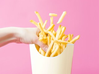 Hand Holding Fries Box in Pop Style Pastel Colors