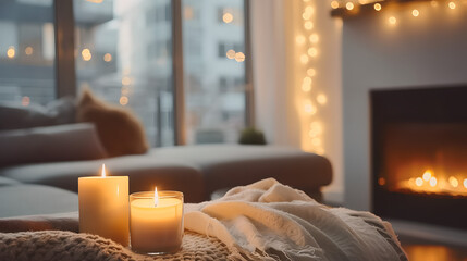 Cozy living room with fireplace and couch with focus on burning aromatherapy candle , romantic, love , blur background - obrazy, fototapety, plakaty