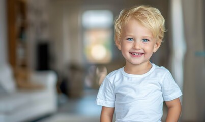 A cute smiling blonde hair little boy in a white t-shirt