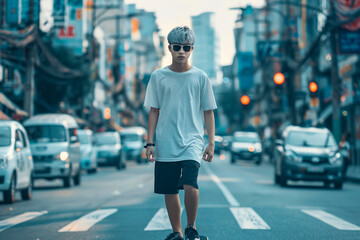 A handsome young Thai young man with short silver hair and sunglasses is skateboarding on the street.