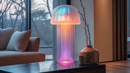 Modern living room with accent jellyfish table lamp on coffee table - 780809705