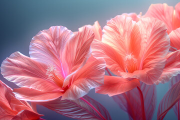 Close-up fantasy pink flowers on blue background natural floral macro background wallpaper