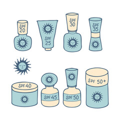 Sunscreen cream cosmetic product with various SPF clipart collection. Summer skin care concept. Doodle vector illustration.