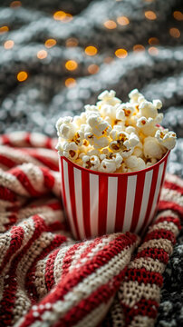 first half of the image is empty, the image is on the second background flat lay is A popcorn in a striped red glass, film strip, cozy warm blanket minimalistic