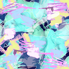 Abstract seamless art background with a pattern of pears, leaves, branches, spots. Beautiful, trendy paint splash. For design, fabric, textile, material. Pear on a branch. Abstract background