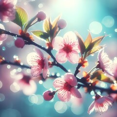 Cherry Blossoms Adorned with Dew Drops
